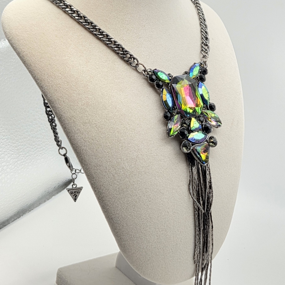 Guess Silver-Tone Statement Necklace with Multicolor Faceted Glass Stones